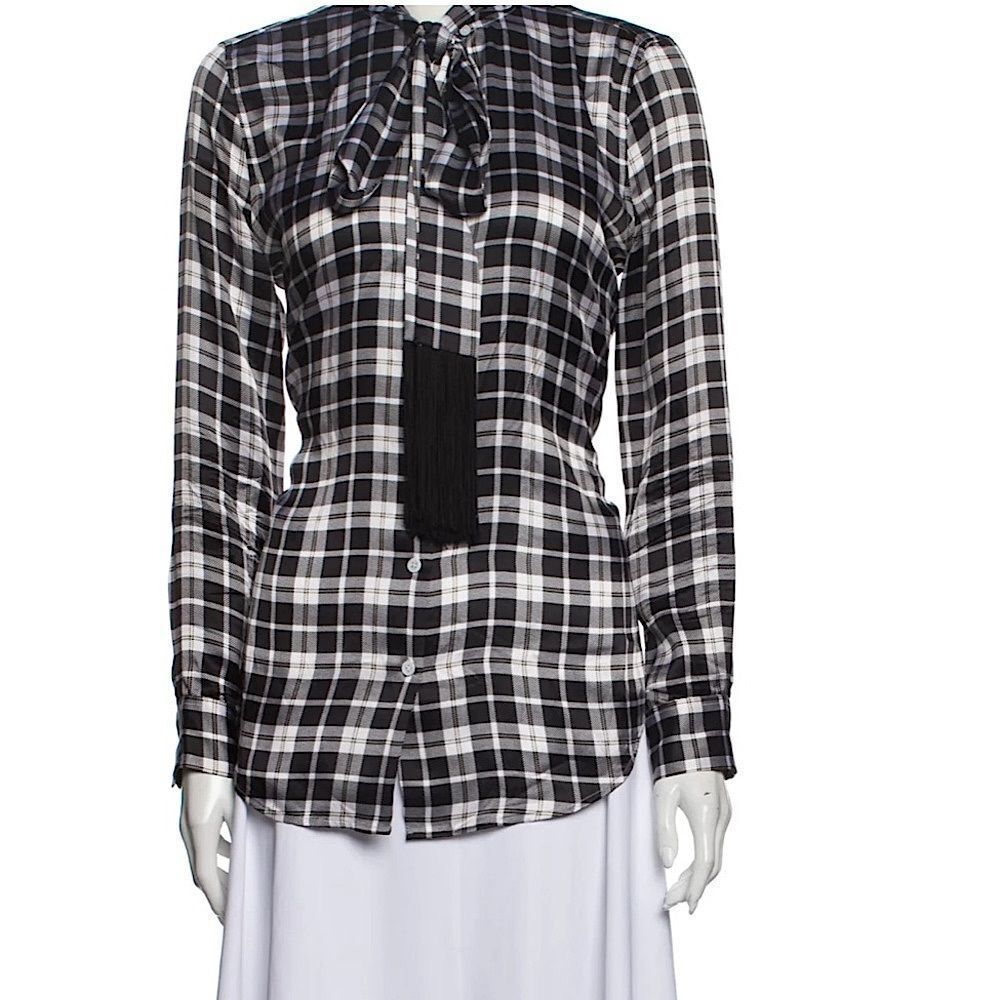 Equipment Plaid 100% Silk Tie Neck Fringe Top M